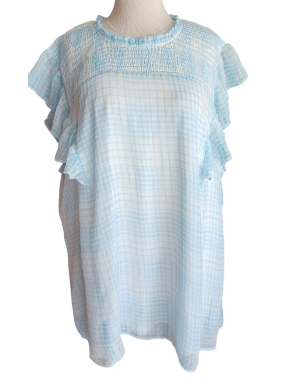 City Chic Blue Gingham Plaid Ruffle Flutter Sleeve Smocked Top Plus Size XXL/24